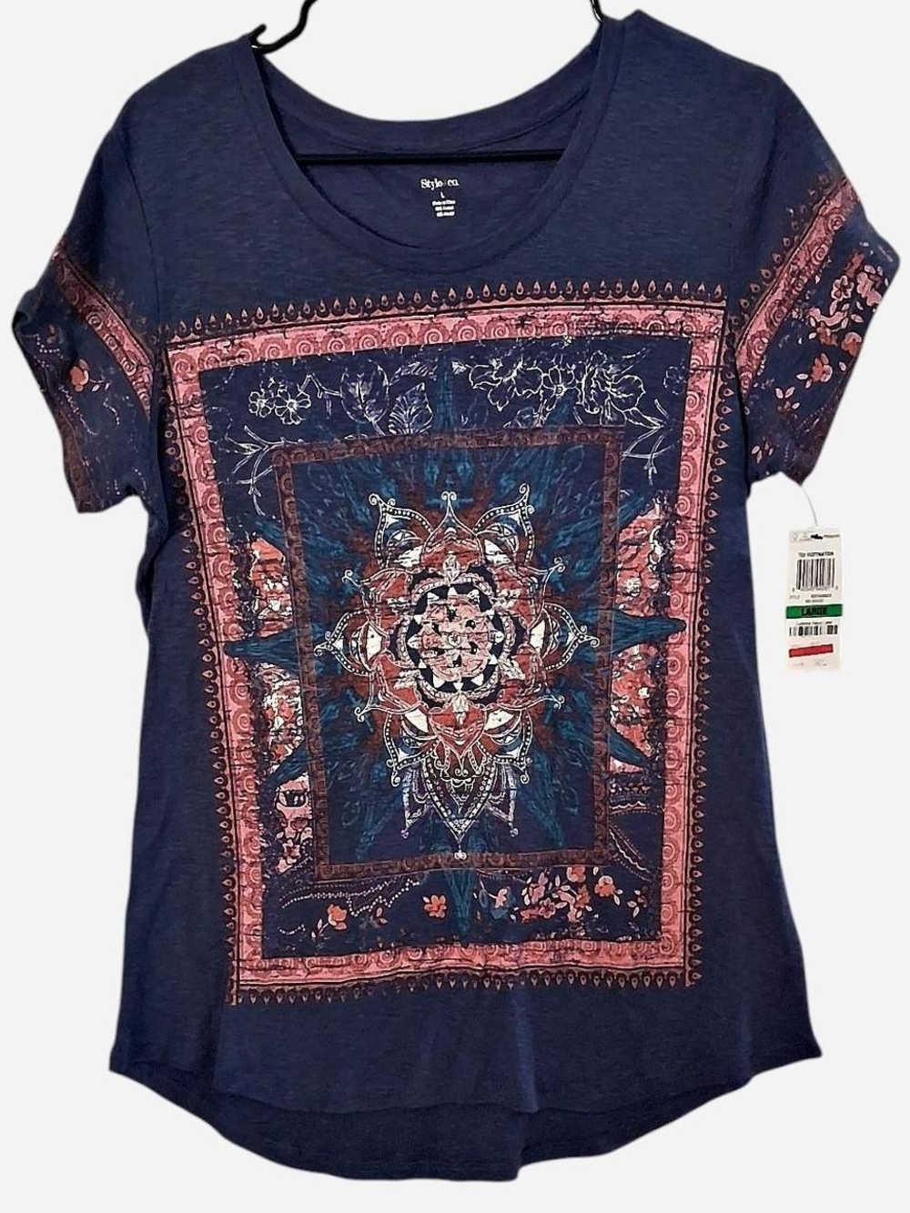 Style & Co. Navy Short Sleeve Tee with Pink Rust Mandala Print